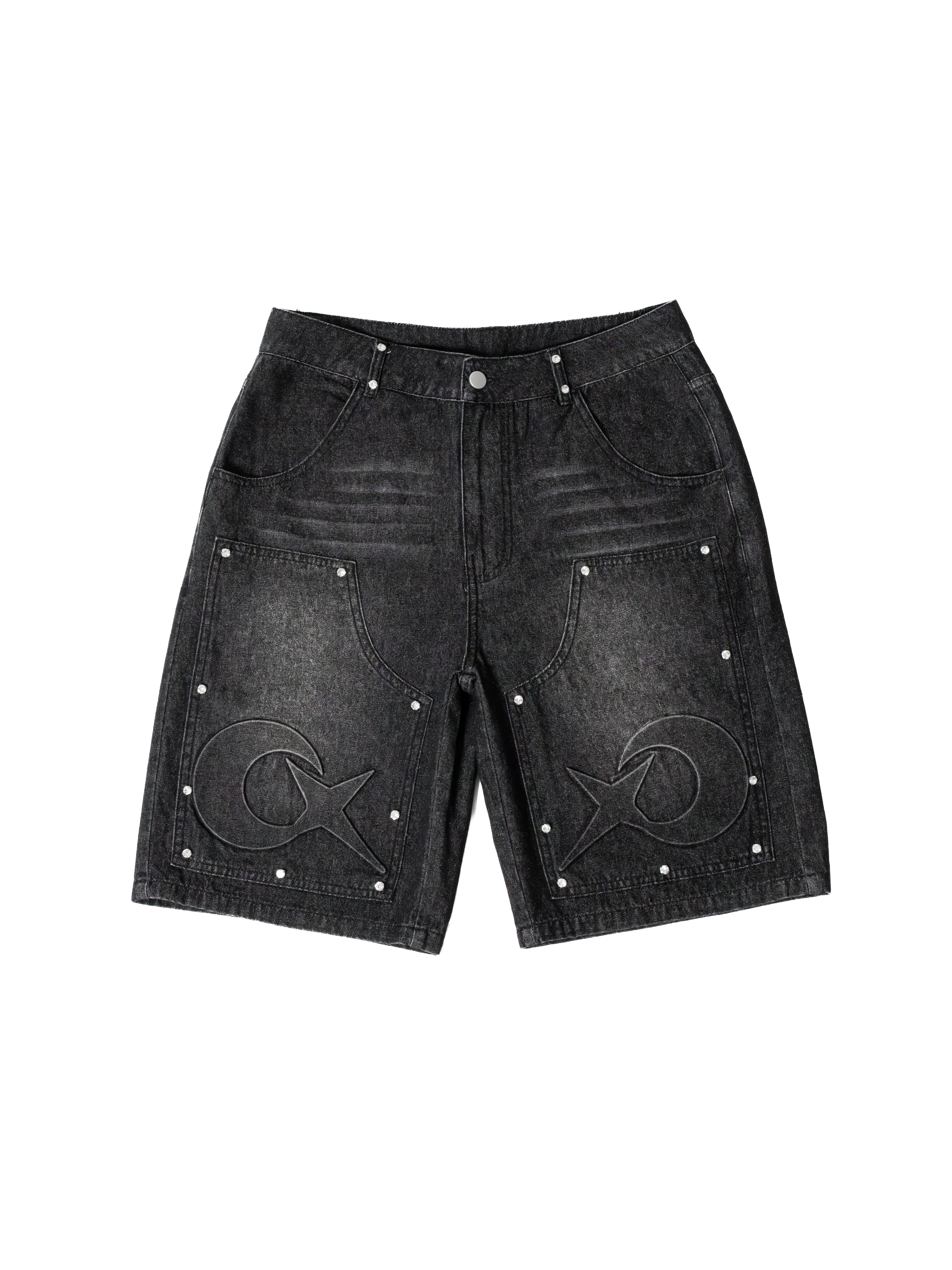 Bermuda vaquera negra SHIELDED COAL con rhinestones blancos y logos CRONOX en relieve, vista frontal