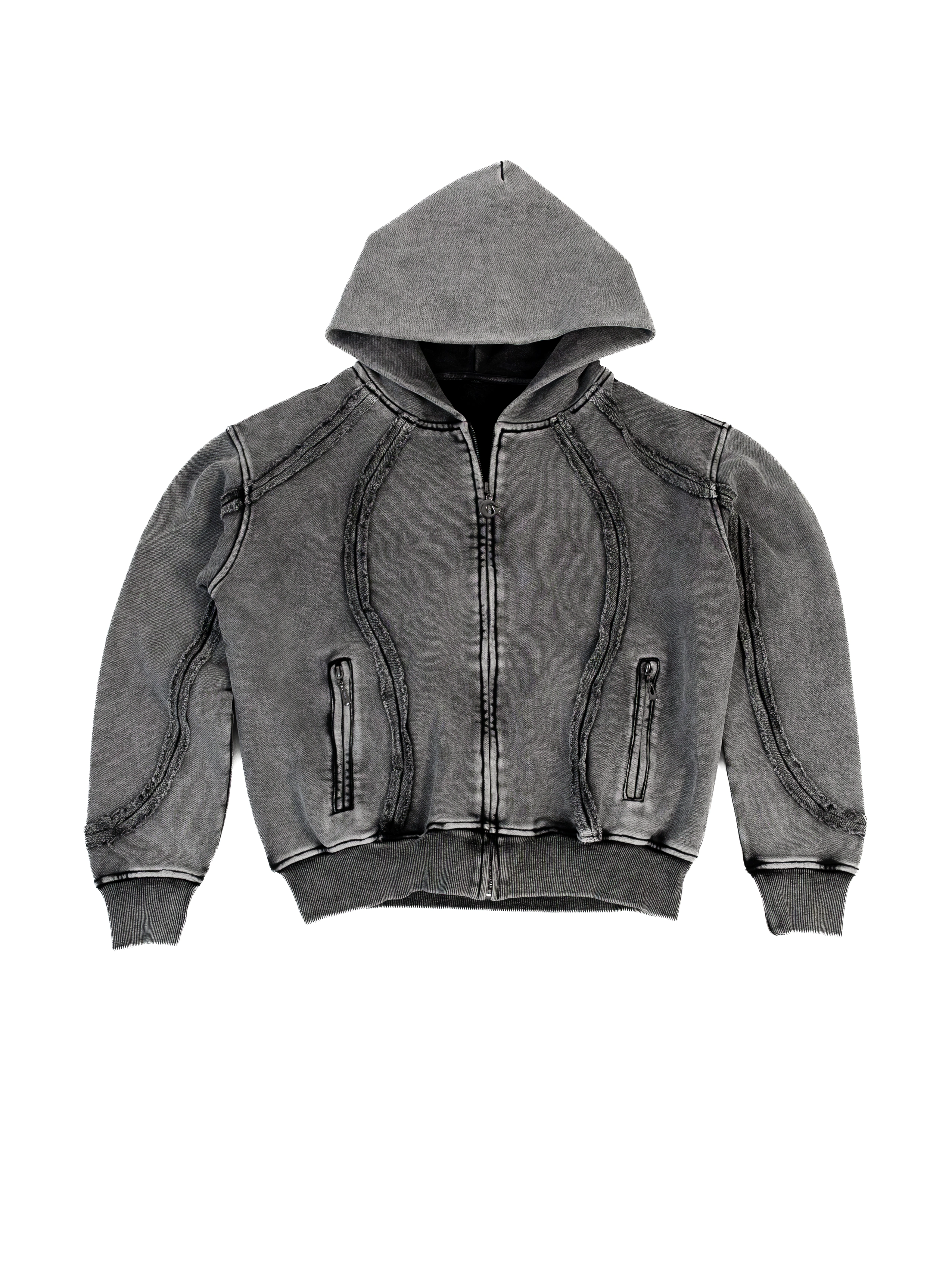 Sudadera gris ASHEN SHELL con capucha, cremallera y costuras exteriores, vista frontal
